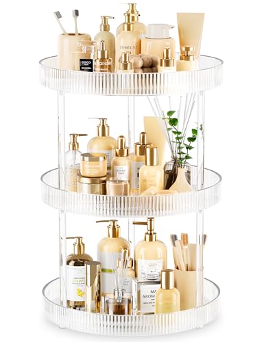 3-Tier Lazy Susan Bathroom Countertop Organizer, 360° Clear Rotating Storage Tray, Cosmetics and Perfume Organizer, Spinning Storage Tray Vanity Organizer Shelf for Bathroom Cabinet, Kitchen(Medium)