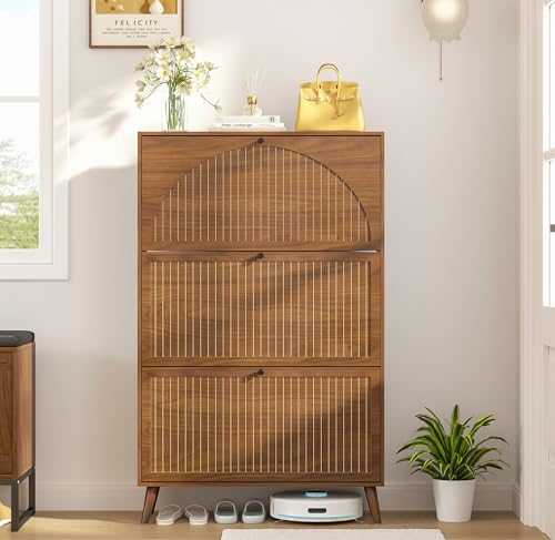 Fsbecl Shoe Storage Cabinet for Entryway with 3 Flip Drawers, Narrow Shoe Organizer with Fluted Panel, Freestanding Wood Hidden Shoe Cabinet for Foyer, Hallway (Walnut, 3 Flip Drawers)
