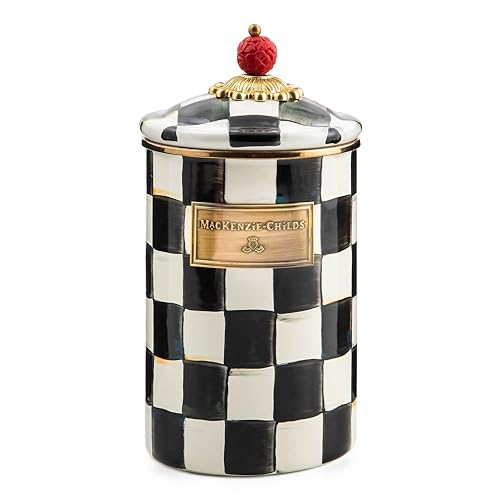 MACKENZIE-CHILDS Large Enamel Canister, Kitchen Storage Container for Flour and Sugar, 1.89 Liters, Black-and-White Courtly Check