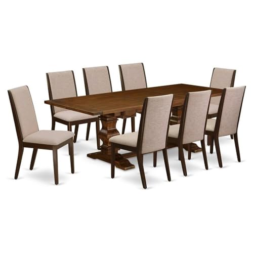 East West Furniture LALA9-83-04 9 Piece Kitchen Table Set Includes a Rectangle Dining Table with Removable Leaf and 8 Light Tan Linen Fabric Parsons Dining Chairs, 42x92 Inch, Walnut