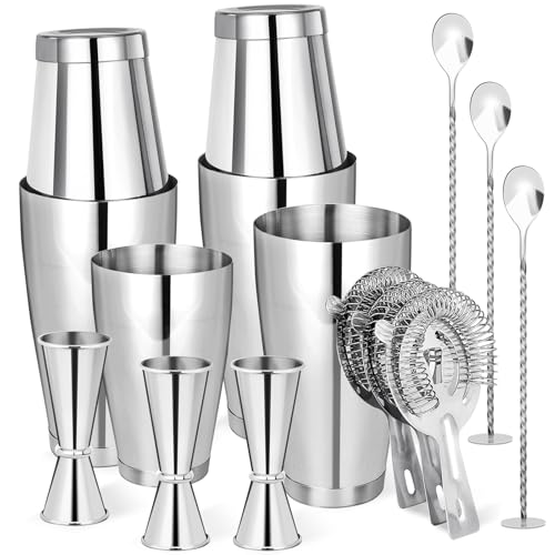 Cocktail Shaker Boston Shaker Set 15 Pcs Professional Bartender Kit Bar Shaker Stainless Steel Drink Shaker Bartending Martini Shaker Tin with 18oz&28oz Mixed Alcohol Shaker Tool for Beginner(Silver)