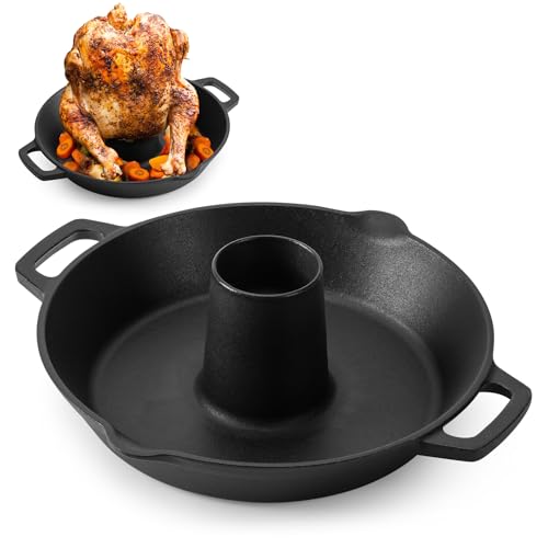 Onlyfire Universal Cast Iron Chicken Roaster, Pre-Seasoned Poultry Roaster Beer Can Turkey Holder with Roasting Pan for Most Grills and Oven