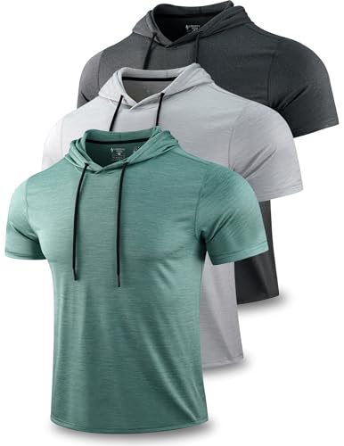 3 Pack: Men's Lightweight Short Sleeve Workout Hoodies, Athletic Dry Fit Hooded T Shirts for Gym Running (Set 2, 3X-Large)