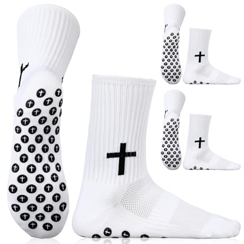 Croloose 2 Pairs Christian Anti Slip Cross Soccer Slip Sports Socks for Men Women Non Football Basketball Hockey(White,Single Cross Socks)