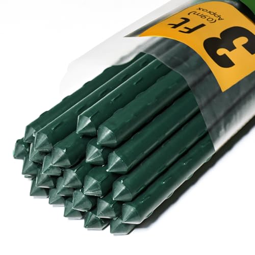 Jollybower 25pcs Steel Plant Stakes 3 Feet,Sturdy Plant Sticks, Plastic Coated Metal Garden Stakes Supports Climbing for Tomato, Bean, Flowers, Tree Potted