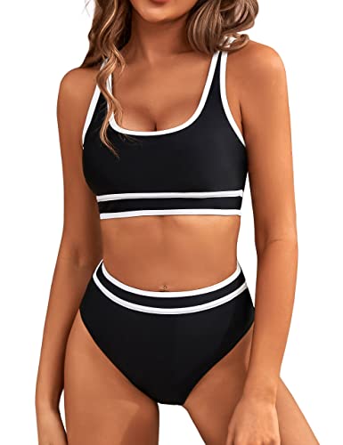 BMJL Women's High Waisted Bikini Sets Sporty Two Piece Swimsuits Color Block Cheeky High Cut Bathing Suits(M,Black)