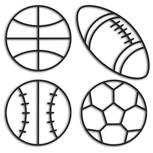 Funrous 4 Packs Sports Room Decor for Boys Metal Modern Soccer Wall Art Decor Black Basketball Baseball Football Hanging Room Decorations for Kids Boy Sports Playroom Bedroom Nursery
