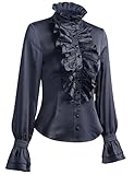 VANGARSUN Women Victorian Gothic Ruffled Lotus High Neck Lace Lantern Long Sleeve Top Blouse Shirt(Black,L)