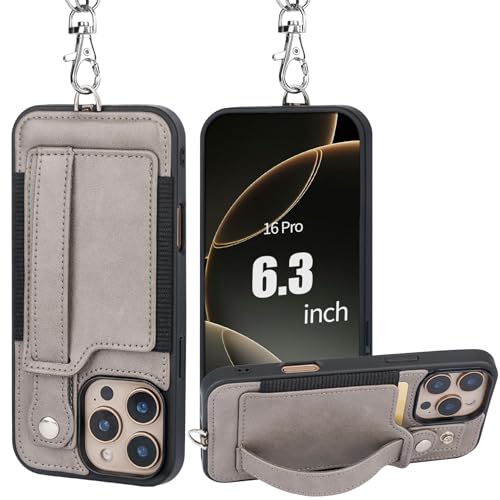 TOOVREN Phone Case Compatible with iPhone 16 Pro Wallet Case with Strap Lanyard Card Holder Case for iPhone 16 Pro Case with Wallet Leather Stand Kickstand Adjustable for Women & Men 6.3 Inch Gray