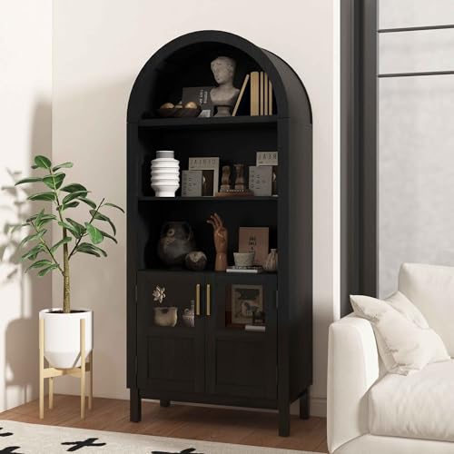 BOMETAO 70" Tall Arched Cabinet, 5-Tier Arch Bookshelf Bookcase with Open & Adjustable Shelves, Glass Door & Metal Handle, Pantry Display Storage Cabinets Cupboard for Kitchen, Living Room, Black