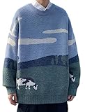 Vamtac Mens Vintage Oversize Cow Sweater Long Sleeve Round Neck Knitted Grassland Pullover Jumper Unisex Streetwear Sweaters