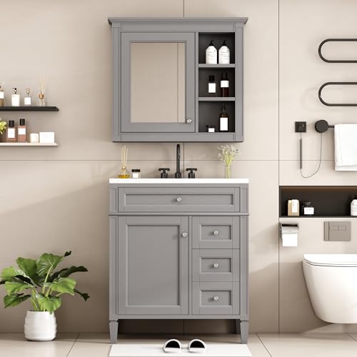 Merax 30"" Bathroom Sink Vanity with Matching Medicine Cabinet Combo, Modern Undermount Bathroom Sink Cabinet, Freestanding Solid Wood Frame Bathroom Vanities with Sink Top, Grey