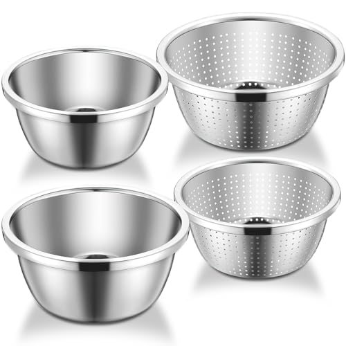 4 Pack Stainless Steel Microporous Colander Set, 2QT & 4QT, Rice Washer Strainer Includes Mixing Bowls,Rice Washer Strainer Bowl for Straining Pasta, Washing Fruits and Draining Vegetables