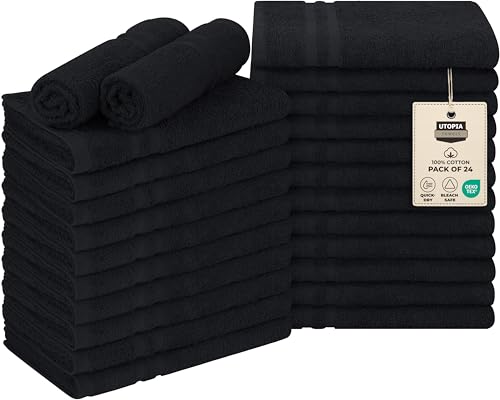 Utopia Towels Cotton Bleach Proof Salon Towel 16 by 27 inches, Bleach Safe Gym 100% Cotton Hand Towel, 24 Pack, Black