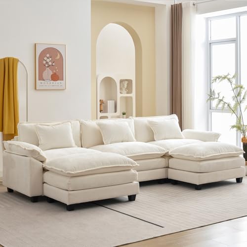 Oprisen Modular Sectional Sofa, Comfy Cloud Couch Sectional Sofa with Ottoman, Chenille Sofa Sleeper Deep Seat Sofa with Throw Pillows for Living Room (Beige White, 120"- U Shape)