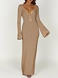 Saodimallsu Womens Crochet Maxi Cover Up Dress Beach Swim Vacation Coverups Long Sleeve Sexy Bodycon Summer Knit Dresses Khaki