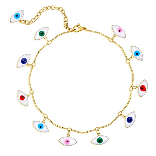 MEVECCO Anklet for Women Gold Evil Eye Dangle 14K Gold Plated Dainty Diamond-cut Smile Curved Bar Chain Boho Beach Summer Simple Protection Foot Jewelry Ankle Bracelet