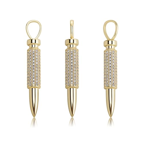 Iced Out Necklace for Men - Bullet Casings Pendant Bullet Casings Hip Hop Pendant - Copper Plated 14K Gold Micro Inlaid Zircon with 23.6in Rope Chain Hip Hop Rapper Jewelry Giftting (Gold)