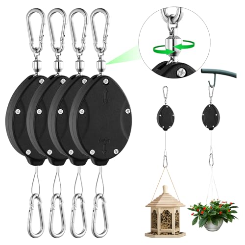 4 Pack Heavy Duty Retractable Plant Hangers, Adjustable Pull-Down Pulleys with 63" Stainless Steel Rope, Double Hooks for Hanging Plants, Bird Feeders, Planters & Pots, Indoor & Outdoor Use