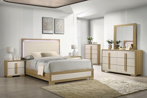 Kings Brand Furniture 6-Piece King Size Natural/White Bedroom Set - Bed with LED Lights, Dresser, Mirror, Chest and 2 Nightstands