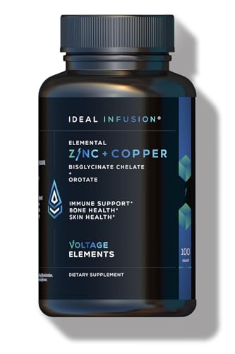 Voltage Elements Zinc Bisglycinate + Orotate 245mg with Copper Chelate: Muscle & Skin Health, Hormone Balance - Elemental Zinc 50mg (100 Servings) Vegan