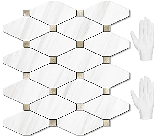 STICKGOO 10 Sheets Peel and Stick Dolomite Mosaic Tile, White Marble Look PVC Mixed Metal Gold Kitchen Backsplash for Fireplace, RV