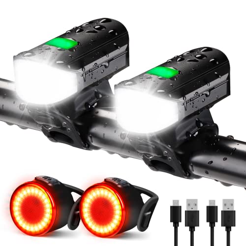 Bike Lights Set 1500LM USB Rechargeable Bicycle Headlight & Tail Light Waterproof 5 Lighting Modes Fits Bicycles for Road and Mountain(2 Pack)