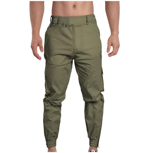 Generic Men Cargo Pants Elastic Waist Cotton Casual Pants Slim Tapered Pants Solid Colour Trousers Sport Pants with Pockets Army Green X-Small