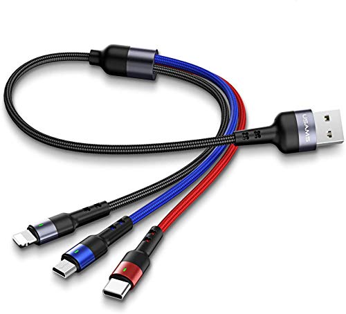 USAMS Multi USB Cable 1ft 2Pack Short 3 in 1 Charging Cable Nylon Braided Adapter with Type-C Micro USB Port Connectors for Cell Phones and More