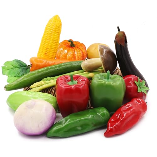 Tuxiaobu 17 Pcs Artificial Vegetables, Fake Vegetables Lifelike Faux Pepper Potato Pumpkin Tomato Carrot Onion Mushroom Eggplant Cucumber Asparagus Decorations for Home Kitchen Festival Christmas