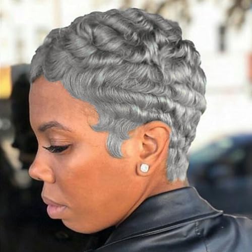 MOONSHOW Grey Short Pixie Wigs for Black Women Short Grey Hair Wig Pixie Cut Wigs for Black Women Pixie Cut Hairstyles Natural Synthetic Gray Wig