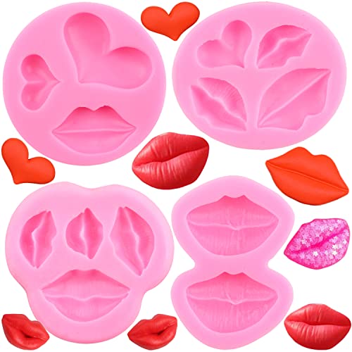 LKDQUTHM Lips Fondant Molds Lips Kiss Collection Silicone Mold Valentine's Day Fondant Molds For Cake Decorating Cupcake Topper Candy Chocolate Gum Paste Polymer Clay Set Of 4