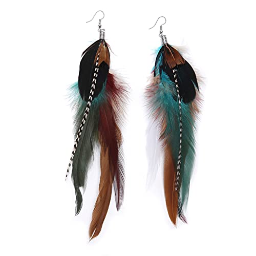 CUSTZ Handmade Natural Feather Dangle Earrings Vintage Bohemian Multicolor Pheasant Feathers Earrings for Womens (js000058) (Color D)