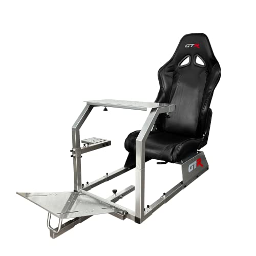 GTR Simulator GTA Model Silver Frame with Adjustable Black Leatherette Racing Seat Racing Driving Gaming Simulator Cockpit Chair