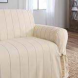 SureFit Heavyweight Cotton Duck Sofa Slipcovers, Printed Heavyweight Cotton Sofa Cover, One Piece Design, Couch Cover with Seat Elastic and Adjustable Corner Ties, Natural with Blue Stripe