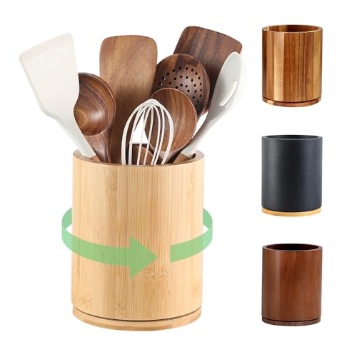 gorsent Wooden Utensil Holder, 360°Rotating 7.3'' Large Utensil Holder for Kitchen Counter, Kitchen Utensil Organizer, Utensil Crock, Farmhouse Kitchens Countertop Decor, Bamboo Wood