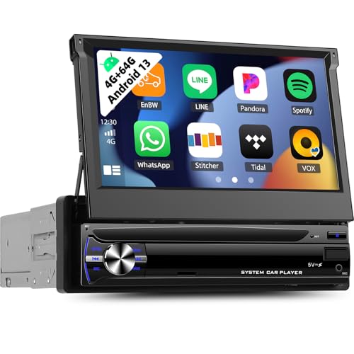 [4G+64G] Android 13 Single Din Car Stereo Wireless Carplay Android Auto,7 Inch Flip Out Touch Screen 1Din Car Radio with Mirror Link WiFi,GPS Bluetooth,FM/RDS Radio,SWC+Backup Camera