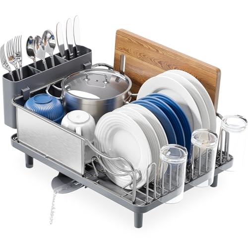 Urackify Stainless Steel Dish Drying Rack - Large Capcity 304 Grade Dish Drainer for Kitchen Counter with Drain Board, Utensil Holder & Detachable Cup Shelf, Rustproof Multifunctional Organizer