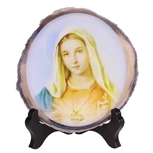 mookaitedecor Natural Agate Slice Art Print Virgin Mary Portrait Table Display with Wooden Stand, Irregular Agate Geode Stone Figurine for Office & Home Decoration