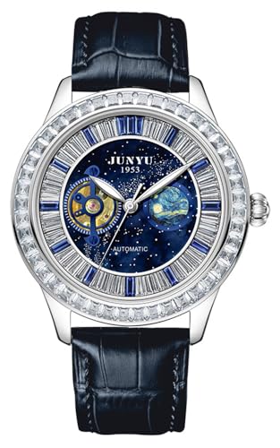 HUNRUY Mens Luxury Bling Diamond Automatic Tourbillon Leather Watches (Blue)