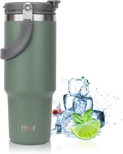 TYESO 30oz Tumbler with Handle and Straw Lid, Insulated Stainless Steel Double Walled Vacuum Water Bottle for Office, Home, Sport or Car, Travel Mug for Hot and Cold | Adventure Collection (Green)