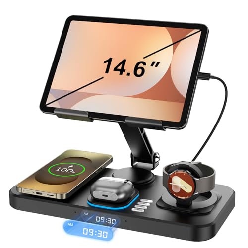 30W Wireless Charger for Samsung/Android Mag-Safe Charging Station with Clock/Light for Samsung S25/S24/S23 Ultra/Buds,for iPad/Tablet Foldable Stand, Watch Charger Only for Galaxy Watch 8/7/6/5,Black