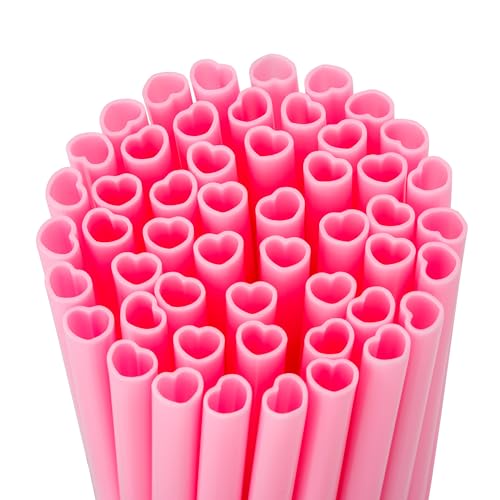 Snowfall 200 pcs Pink Heart Shaped Straws, Plastic Disposable Drinking Cute Valentine Straw for Party, Juice, Cocktails, Cola, Individually Wrapped, Pink