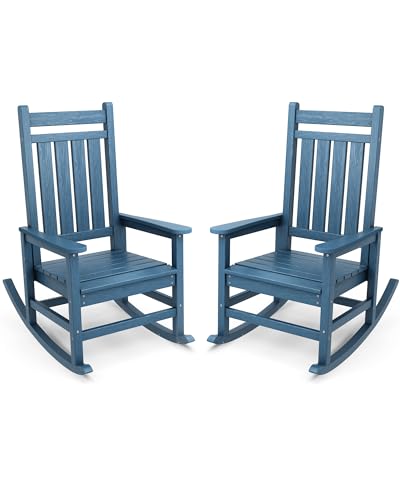 SERWALL HDPE Rocking Chair Set of 2, Outdoord Rocking Chairs for Adult, All Weather Porch Rockers for Lawn Garden, Navy