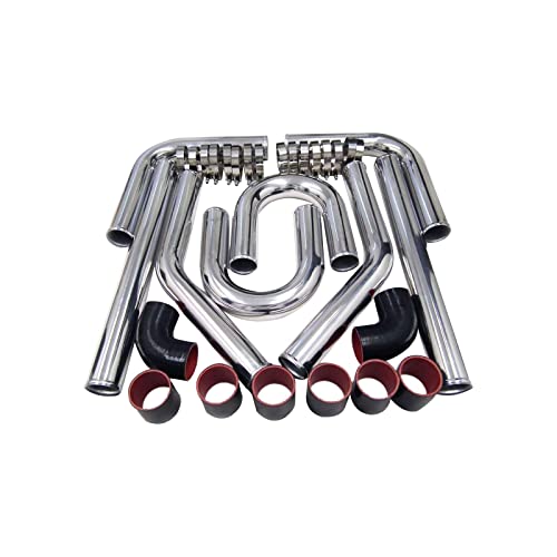 Universal Turbo Intercooler Aluminum Pipe Piping and Silicone Hose Kit w/Stainless Steel T-Clamps(3inch,Black&Red)