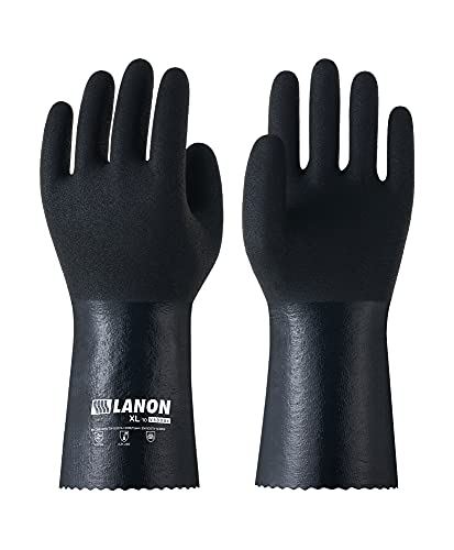 LANON 3 Pairs Nitrile Chemical Resistant Gloves, Reusable Heavy-Duty Rubber Gloves with MicroFoam Textured Palm, Acid, Alkali and Oil Protection, Black, XL