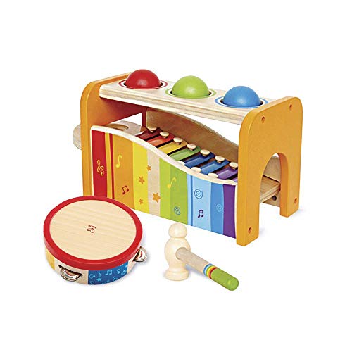 Hape Pound, Tap, & Shake! Music Set - Award Winning Wooden Pounding Bench, Baby Xylophone, and Tap Along Tambourine - Developmental, Non-Toxic, Montessori Musical Toys for Toddlers 1-4 Years Old