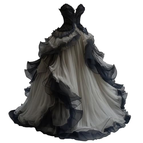 Mauuwy Luxury Gothic Black Wedding Dresses Ball Gowns Lace Appliques Vintage Gray Layered Bridal Gown for Wedding Size 16Plus