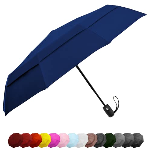 Windproof Travel Umbrellas for Rain - Lightweight, Strong, Compact with & Easy Auto Open/Close Button for Single Hand Use - Double Vented Canopy for Men & Women