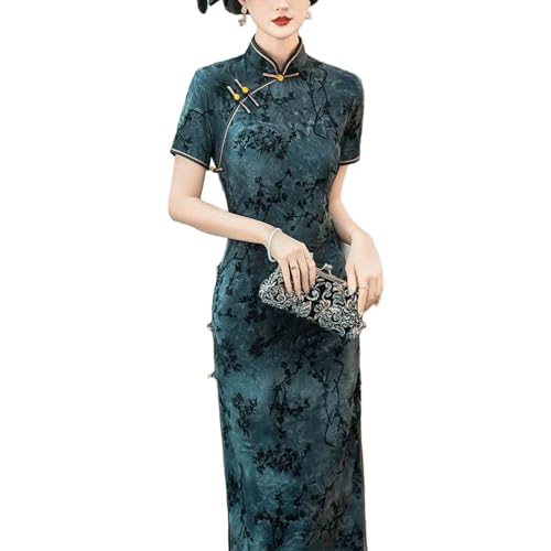 Qipao Dress for Women Slim fit Plum Blossom Pattern Dark Style Cheongsam Retro Slim fit Chinese Style Dress (Blue,XL)